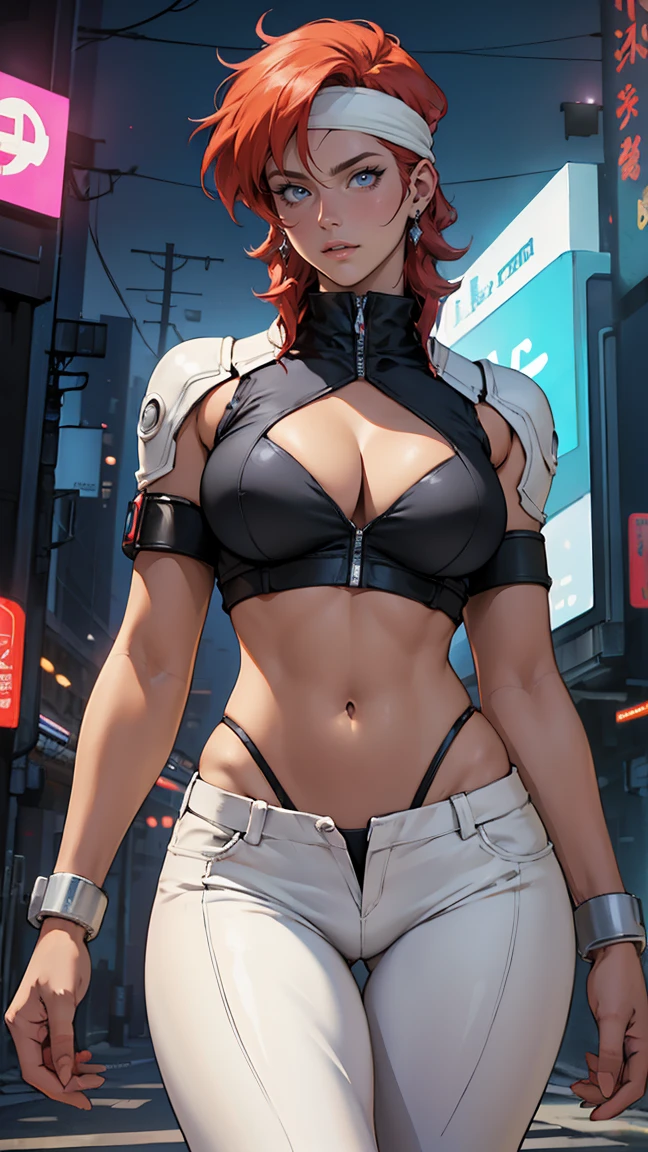 ((Masterpiece, highest quality; 1.3)), super quality, beautiful detail, super detailed, extra fine, 16K, exquisite, absurd, high resolution, beautiful background, detailed background, beautiful eyes, beautiful skin, anime style, Kay from Dirty Pair in a white outfit, tight outfit, cleavage, bushy redhead beauty, very light blue uniform, wearing tight clothes, skimpy, (mid chest: 1.2), cleavage, cleavage, slim waist , thin waist, slim thighs, thin legs, slim legs. thigh gap, showing stomach, skinny, thin hips, cyberpunk city background, holding retro space gun , headband,