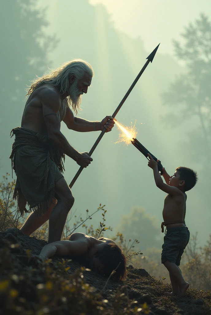 A white-haired tribesman was shot in the head by a shotgun from a distance fired by a young boy, while the white-haired tribesman was about to use his spear to kill another man who was lying on the ground, amidst the atmosphere of the fading fog and the beginning of sunlight.