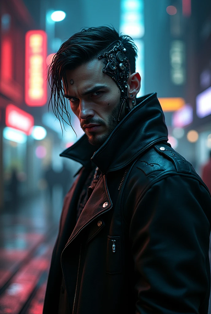 portrait a vampire man with robot parts, cyberpunk street, Blade Runner style, dark moody lighting, neon lights, gritty, detailed, cinematic, atmospheric, (best quality,8k,ultra-detailed,photorealistic:1.4),dramatic lighting,advanced technology,moody and atmospheric,intricate details,dramatic shadows,neon city,futuristic setting,intricate mechanical parts,dynamic pose,intense gaze,metallic textures,glowing elements