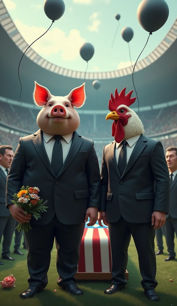 A muscular pig, puffed out chest, black suit, holding flowers, inside a soccer stadium, next to a muscular rooster, black suit, everyone is sad seeing a coffin with a flag over it in the colors blue, white, red, black balloons flying in the wind