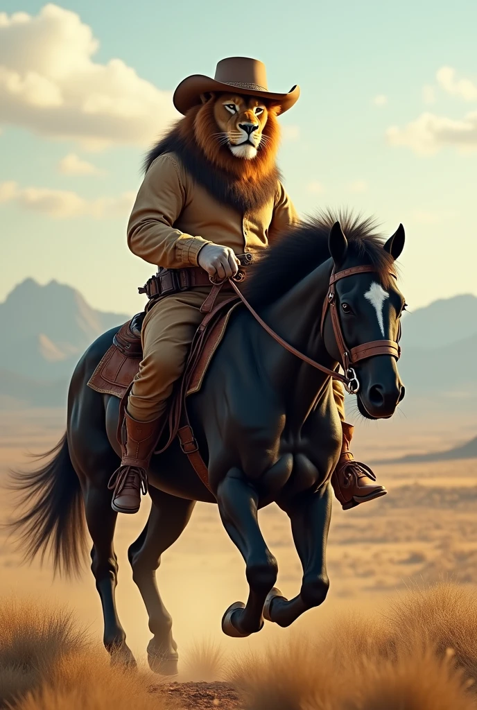 Lion as a cowboy on black horse
