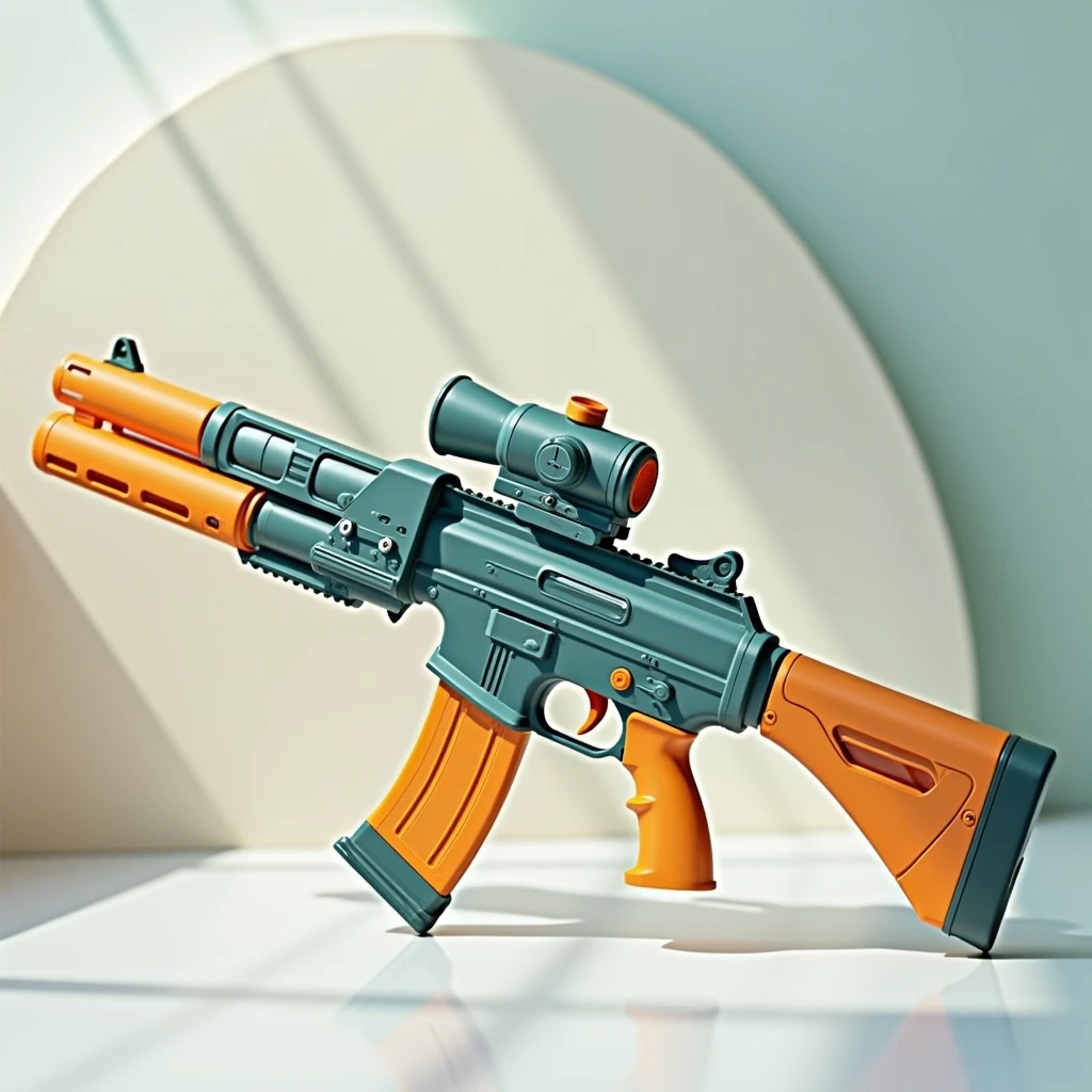 Mini double water gun toy,Integrated rifle mount,Transparent magazine and scope recessed,(Similar structure to M416),(Double muzzle),Smooth lines,Plastic material,Three-color Morandi color matching,high quality,Professional Product Photography,Table background,3d, OC Rendering,8K,