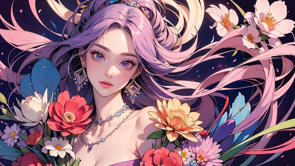 32K, 最高quality, 最高masterpiece, (ultra-Detailed Background, Detailed Background), High resolution, Super detailed, Very detailedな, 1 personの, (bouquet:1.3), (Tangled:1.2), (Geometric:1.2),(colorful),(masterpiece, quality, best quality, Official Art, Beautiful and beautiful:1.2), (1 person:1.3), Very detailed,(colorful:1.1)(Flowers:1.3),Most detailed,(Tangled:1.2), whole body, (Abstract background:1.3), (Skin glows), (Many colors:1.4), ,(Earrings Jewelry:1.5), Purple-red pale background, It's imaginative., Milk tea colored hair,