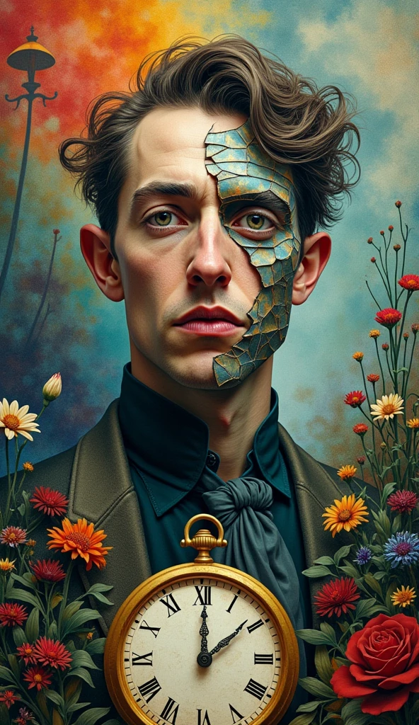 A portrait of a man with a fragmented, cubist face inspired by Picasso, floating in a dreamlike scene with vibrant colors, reminiscent of Chagall, with a surreal, melting clock in the background inspired by Dalí, all rendered with the precision and realism of a da Vinci sketch.