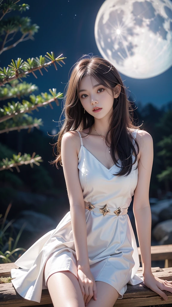 ulzzang-6500-v1.1, (RAW photo: 1.2), (Real photo), (Real photo: 1.4), 1 girl、Perfect anatomy、1、Looking at the camera、Medium length hair、white party dress, on the pine hill at night, with stars and moon, ((on the pine hill at night: 1.1))、(Business service)、Asian eyes Ella,