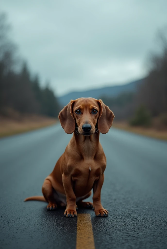 Overcast sky、A super realistic brown miniature dachshund Smooth sits sadly in the middle of the road。