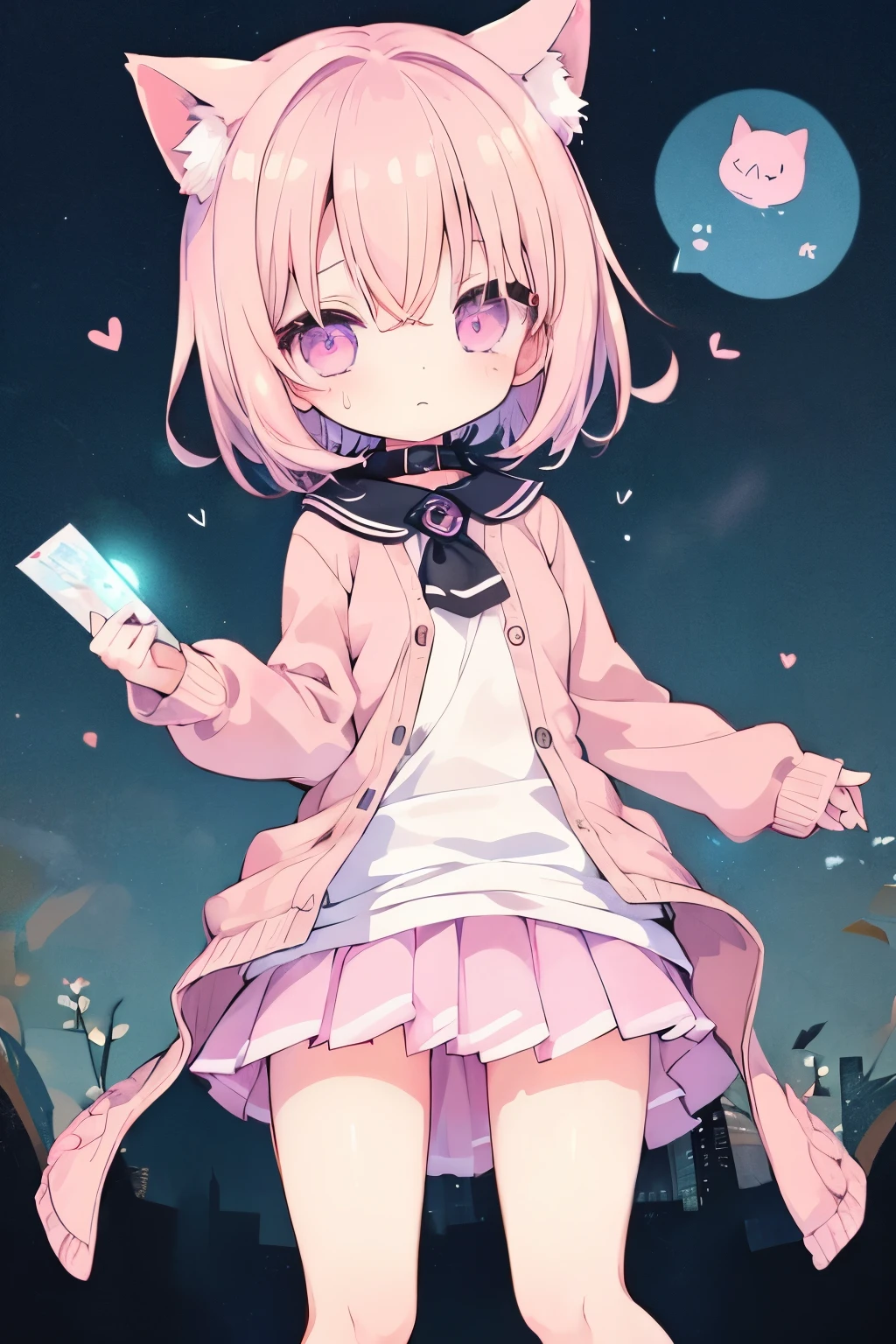 NSFW,short, Light pink hair、cardigan、Pink Skirt、Putting on a collar、、Very beautiful and Shining Eyes、Shining Eyes、1 person、Cat ear、(((((Small body)))))、heart❤、((Sweat、vapor))