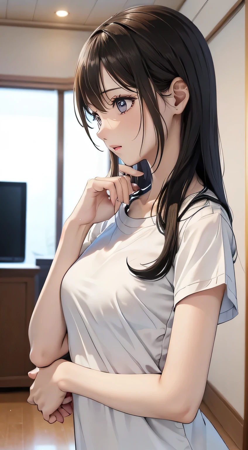 ((Cry violently))、(Large tears)、(Beautiful tears), (Long black hair)、clear、intellectual、((Looking down and crying)), young woman, (Ample breasts)、(Slender) 、(Short-sleeved T-shirt)、profile、((cry))、((Holding both hands over his mouth))、((tears))、((sad)) 、compassion、,In front of a TV screen