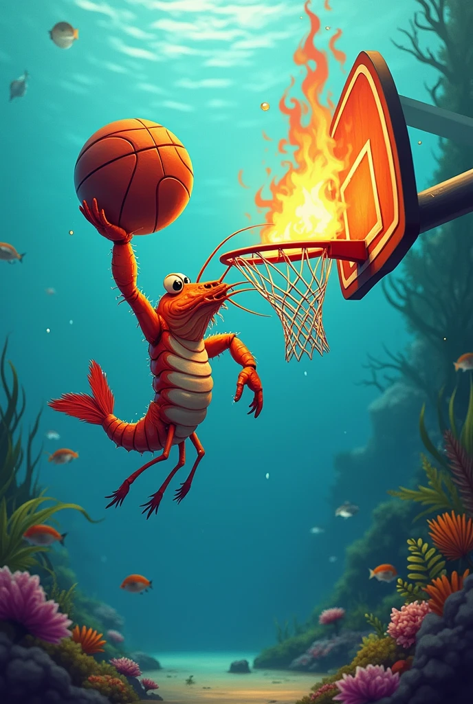 A shrimp holding a basketball on fire while jumping and scoring in the basketball net and is in the sea and scores a net in a basketball net