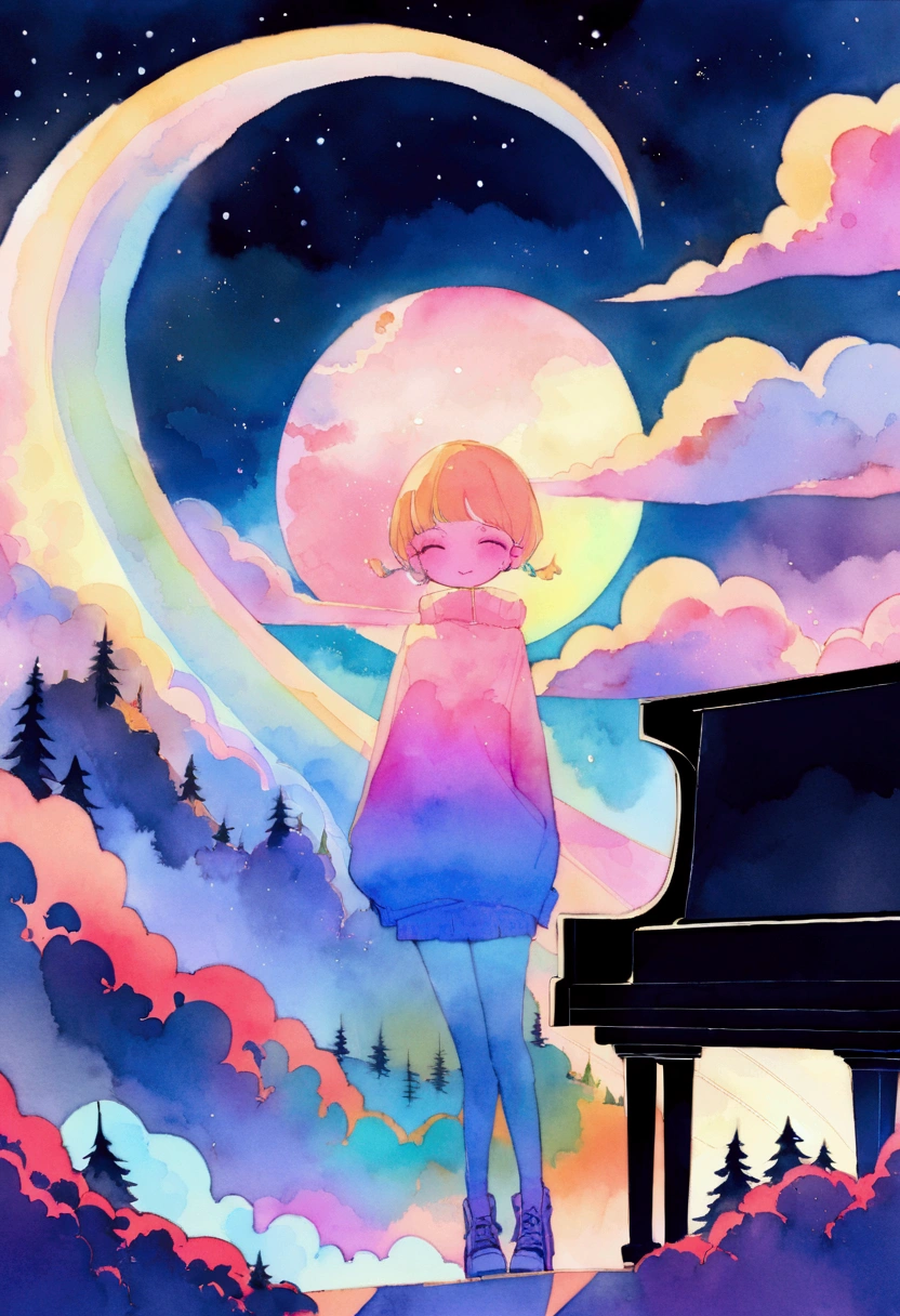 City hippies continue to dream, Night Light,play piano,Neon Landscape, Simulates a color theme, Lo-fi hip hop , review, flat,黒と Watercolor, Large slope, Watercolor, Gas Color, Studio Ghibli style, Vibrant colors, Outer Ton, Jpop Lofi Art, 2024 Contemporary Art, amplitude,Psychedelic atmosphere, masterpiece, Technically sophisticated