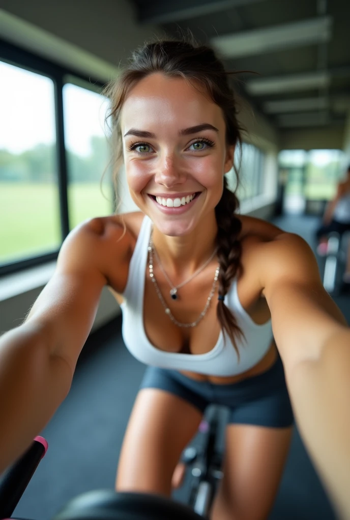 Arafed Femme portant un débardeur blanc et un collier, Fille sexy aux yeux verts, Portrait Sophie Mudd, cheveux bruns et grands yeux, selfie d'une jeune femme.
Montre une vue en contre-plongée alors qu'elle utilise un vélo stationnaire dans une salle de sport lumineuse. Elle porte une tenue de sport multicolore, comprenant un débardeur et des shorts confortables. Ses cheveux bruns sont attachés en une tresse pratique. Sans maquillage, ses yeux verts sont pleins de vivacité. En prenant le selfie, l'accent est mis sur son visage et sa posture sur le vélo, avec le cadre lumineux de la salle de sport et les fenêtres donnant sur l’extérieur en arrière-plan. Son sourire est énergique et heureux, capturant l'effort et la joie d'une séance de cardio.