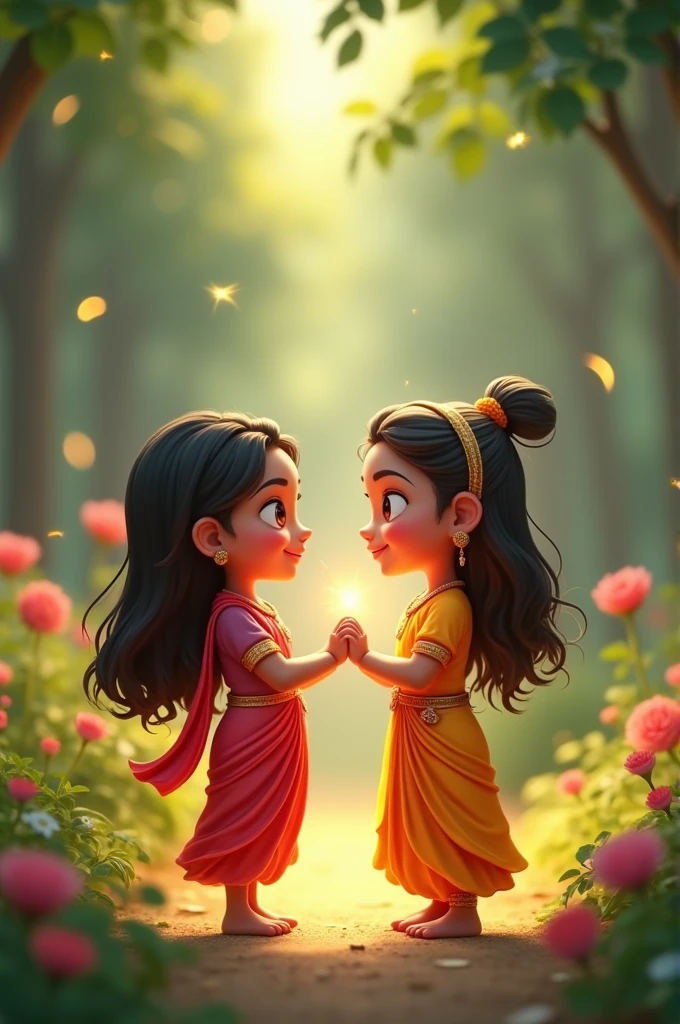 4k cartoon animation image Vimla Making the Wish:Image Prompt: Vimla and Ramu standing together, making their heartfelt wish for prosperity and happiness. Illustrate their earnest expressions and the sage nodding in approval.