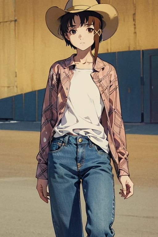 (masterpiece, Highest quality), Highest quality, ((photographic backdrop)), Amazing details, Line art, Written boundary depth, Flat Shading, yoshinari yoh, 1girl, solo, ((iwakura lain)), (iwakura lain walks on some deserted western town of USA), long sleeves check patterned shirt, denim pants, sneakers, cowboy hat, Expressive eyes, Perfect Face, (skinny, flat chest, small breast), Art Nouveau, Bokeh, (((Anatomically correct))),