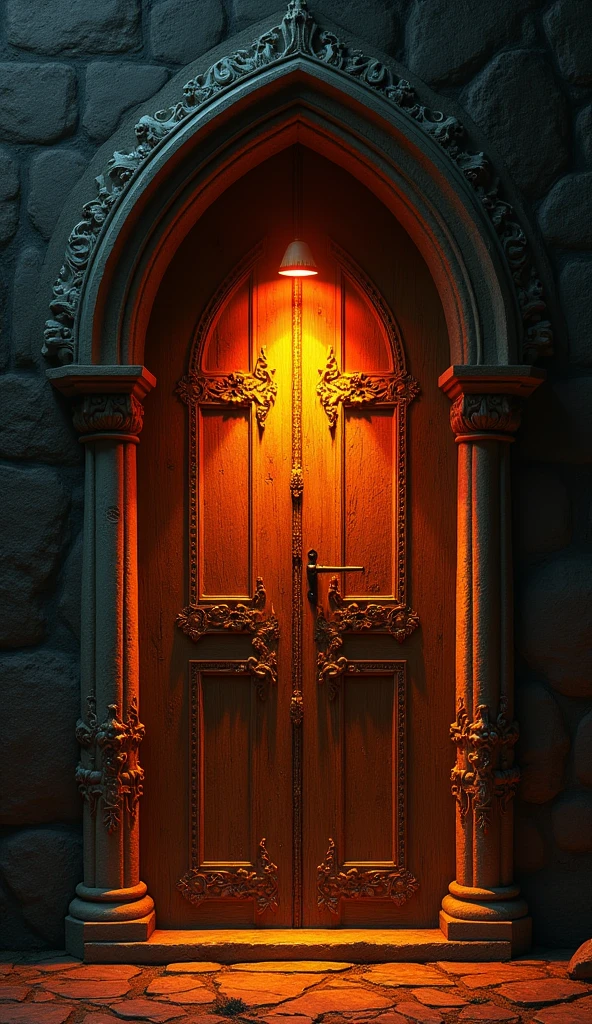 Gothic wooden door、Light shining in front of the camera,Orange light