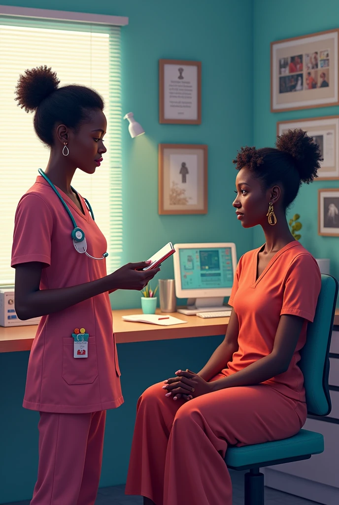 Dans un cabinet infirmière afro-haïtienne, elle reçoit un couple afro-haïtien, âgé de 20 à 25 ans. Conseils sur le diabète. Couplé très attentif, à l'écoute. Infirmière très belle, dispositif médical en place, coloré, fabuleux. Ce cadre