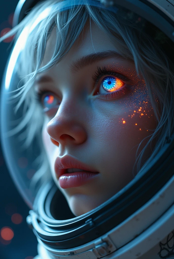 (Close-up of a better masterpiece:1.5)0.9], (Space and astronauts:1.2) (Messy silver hair:1.1) (Heterochromia xanthochromia and blue eyes:1.2) (Space Helmet:1.0) (Colored stars in the eyes:1.0) (A radiant glow:1.1) (thick lips:0.9)