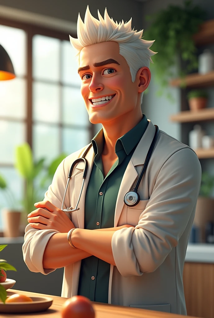 Man dressed as a nutritionist, Brazilian white color short hair, 3d anime