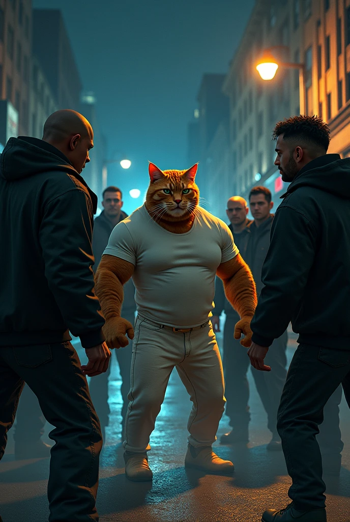 Ek muscular ginger cat jisne white shirt or pent pehni h wo gunddo se jinhone black jacket and pant pehni  lad rha h  seen gundo ne cat ko gher rkha h or night ka seen h or road ka seen h