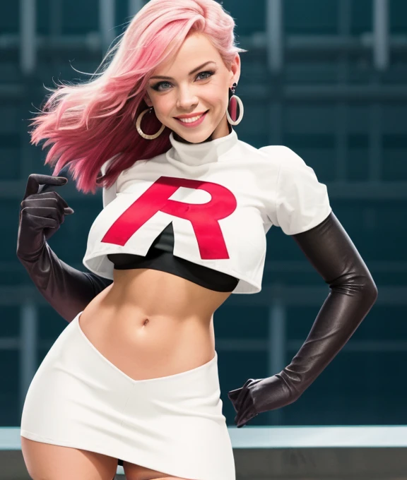 The face of P!nk, 1girl, solo, Team rocket, team rocket uniform, red letter R, white skirt,white crop top,black thigh-high boots, black elbow gloves, earrings, large breasts, sexy pose, smile