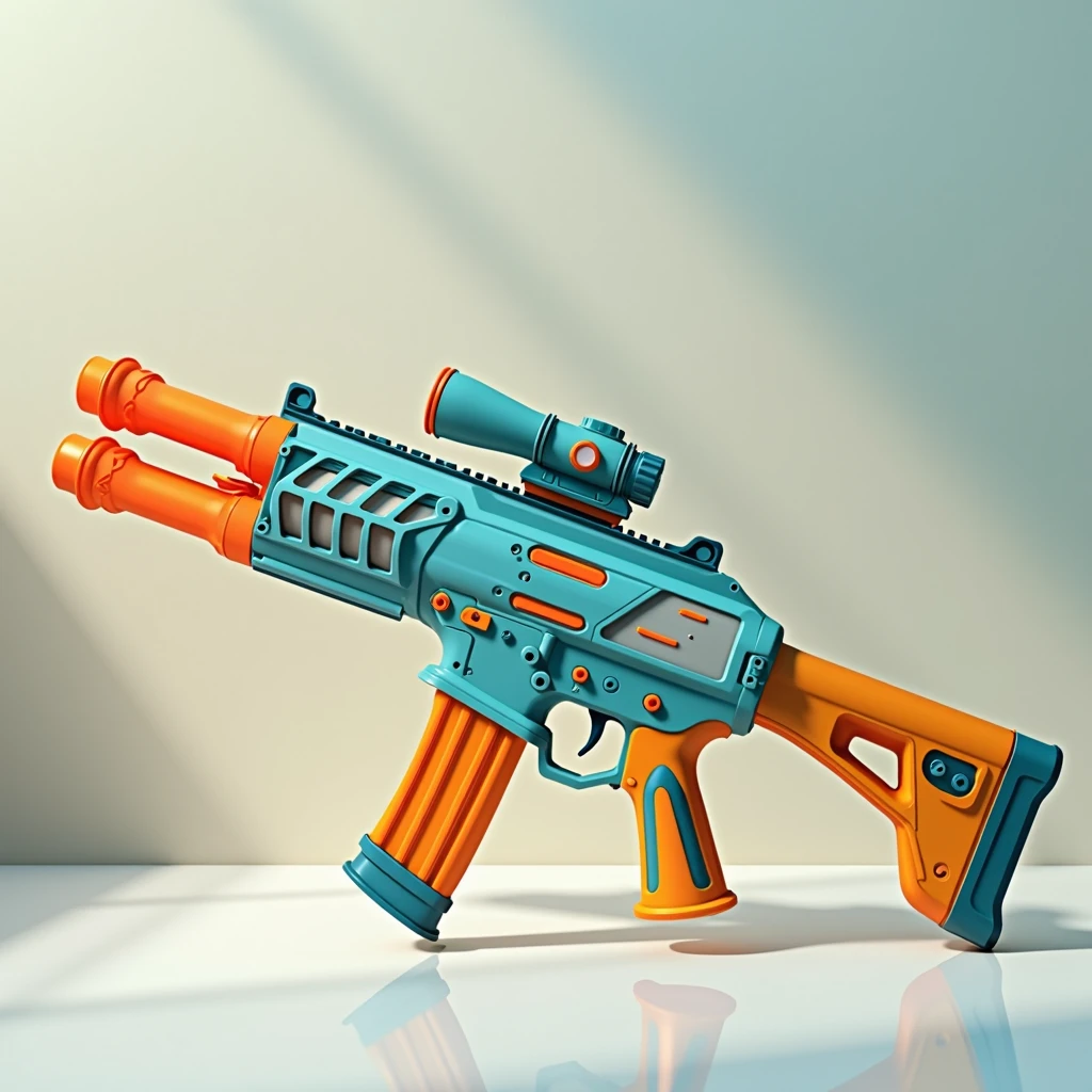 Mini double water gun toy,Integrated rifle mount,Transparent magazine and scope recessed,(Similar structure to M416),(Double muzzle),Smooth lines,Plastic material,Three-color Morandi color matching,high quality,Professional Product Photography,Table background,3d, OC Rendering,8K,
