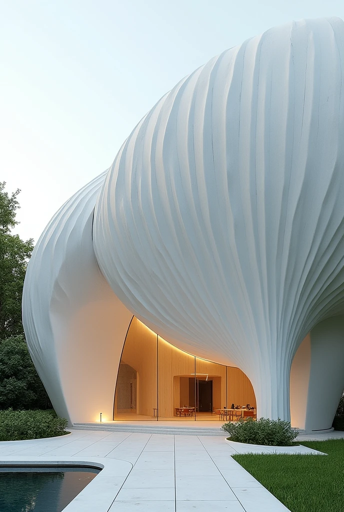 Postmodern facade architecture of resturant in iran , shell of paper design white concrete , high quality rendering architecture, cinematic , 7,5 meter width 22.5 meter height , with plant , greeness , with details, square