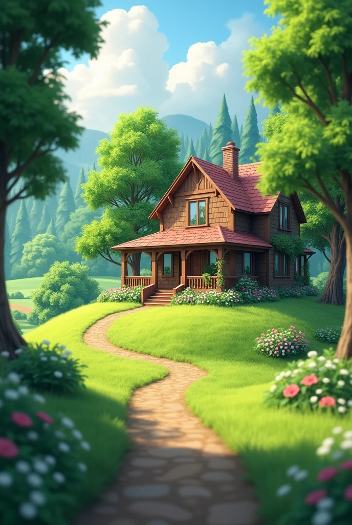 Green hill house with trees