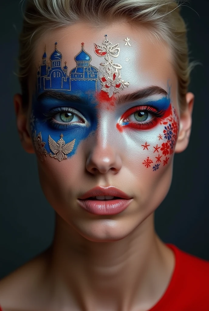 makeup, showing all the power and might of Russia, her traditions. Mandatory colors:red, WHITE, BLUE. The rest is optional. pretty haircut, image, and most importantly makeup. No decorations. And more interesting makeup. VERY INTERESTING MAKEUP. With domes or icons. 