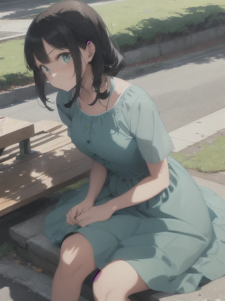 a girl , blue+green color dress  sitting in a park , evening time looking up front view 