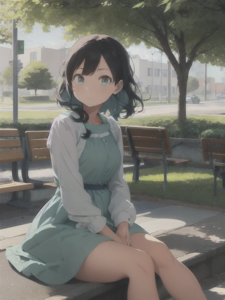 a girl , blue+green color dress  sitting in a park , evening time looking up front view 