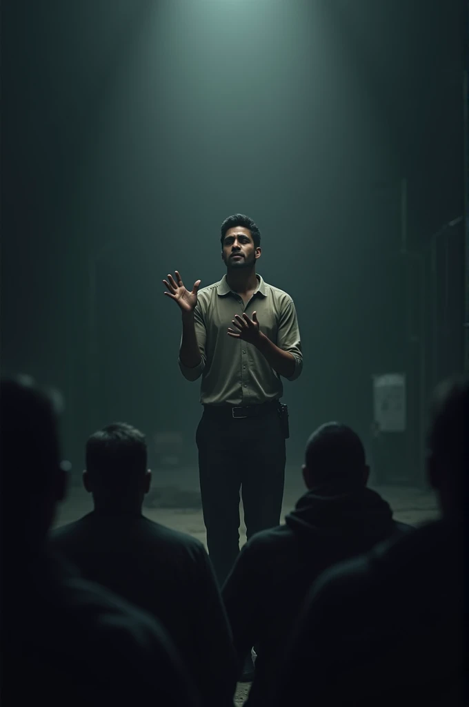 A young man saying 100 men to take care of themselves and moving towords dark background