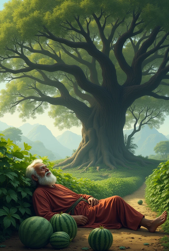 A man was lying under a banyan tree guarding many watermelon gardens