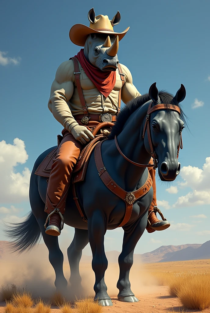 Rhino as a cowboy on black horse