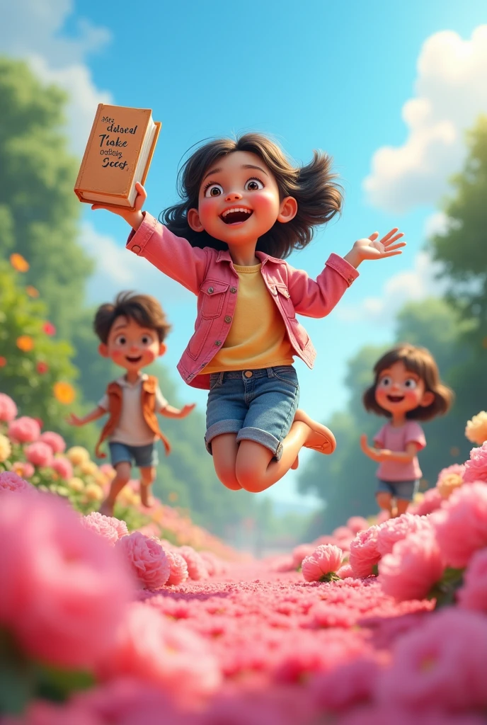 A happy is jumping and she has a book that it's english on it, there is pink flowers on the floor, the sky is blue and her friends are looking at her
