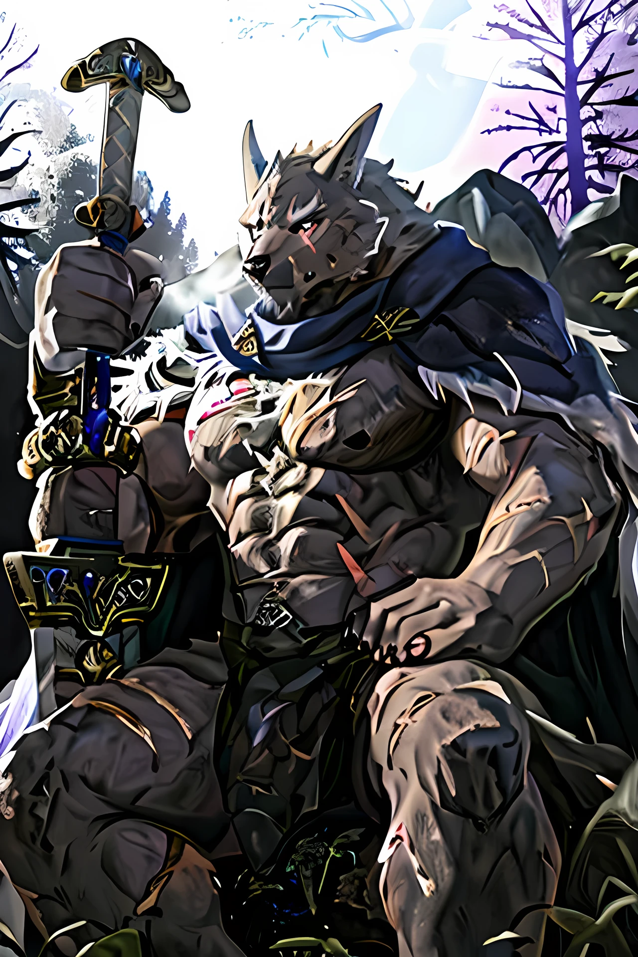 blaidd, in partial shadows, cape. 4k, high resolution, best quality, perfect colors, perfect shadows, perfect lighting, posted on e621, furry body, solo, male, adult, bare chest, masculine, (very muscular, buff, heavyweight, strong chest:1.2), correct anatomy, (photorealistic fur, detailed fur, epic, masterpiece:1.2), (dark fantasy world background, trees, black sky, night, cold), (naked body:1.2), (detailed eyes, purple eyes:1.2), (half body:1.1), serious face, strong posture, (large scars on body, scars on face:1.1), visible breath, erect penis, large penis, big penis, (veins, vascular:1.2), proud, (arms crossed:1.2), looking at viewer, messy fur, gruff, sit on rock, (holding sword:1.2)