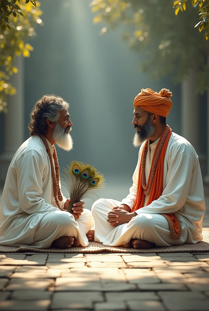 Generate an image where two men are sitting in front of each other, one of them is dressed in white gown having a beard and turban and holding a bunch of peacock feathers