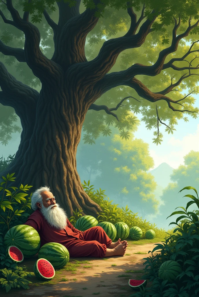 A man was lying under a banyan tree guarding many watermelon gardens