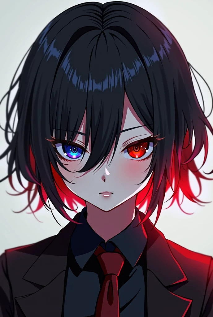 1 Solo, Gaze, blue eyes, Red eyes, heterochromatic eyes, provocative gaze, black-red gradient hair, stylish clothes, cool, anime, anime-style, center parting