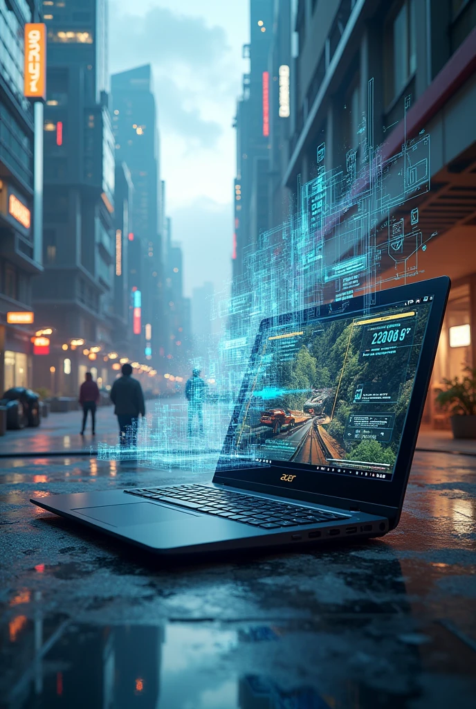 /img Acer laptop theme Real and Game world adventure of the future world. The picture is divided into two sides. The front is an Acer laptop.