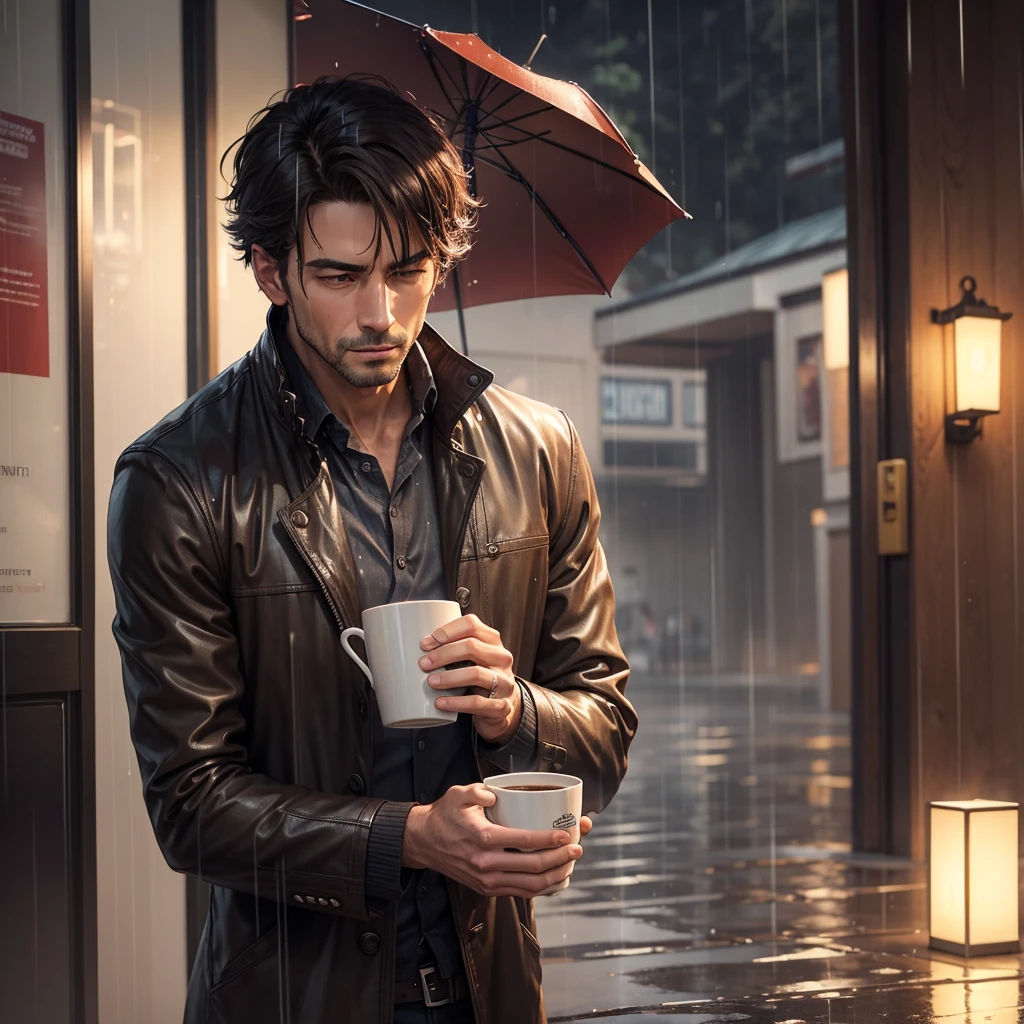 A man in rain drinking coffee