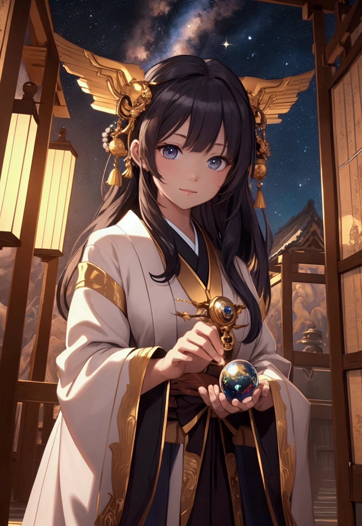 masterpiece, Highest quality, (Highly detailed CG Unity 8k wallpaper), (Highest quality), (Best illustrations), (Best Shadow), Absurd, Realistic lighting, (abyss), Beautiful sparkle, art:PeterMohrBacher,An incredible decision、High resolution、(masterpiece:1.4)、Very detailed、Wide-angle、night、Japanese Shrines、torii、sacred、torii、space、God of the Sky
