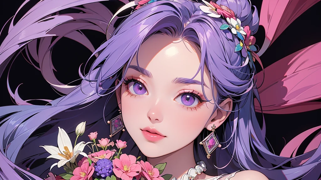 32K, 最高quality, 最高masterpiece, (ultra-Detailed Background, Detailed Background), High resolution, Super detailed, Very detailedな, 1 personの, (bouquet:1.3), (Tangled:1.2), (Geometric:1.2),(colorful),(masterpiece, quality, best quality, Official Art, Beautiful and beautiful:1.2), (1 person:1.3), Very detailed,(colorful:1.1)(Flowers:1.3),Most detailed,(Tangled:1.2), whole body, (Abstract background:1.3), (Skin glows), (Many colors:1.4), ,(Earrings Jewelry:1.5), Purple-red pale background, It's imaginative., Milk tea colored hair,