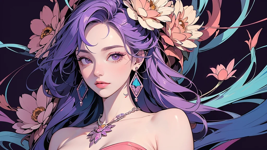32K, 最高quality, 最高masterpiece, (ultra-Detailed Background, Detailed Background), High resolution, Super detailed, Very detailedな, 1 personの, (bouquet:1.3), (Tangled:1.2), (Geometric:1.2),(colorful),(masterpiece, quality, best quality, Official Art, Beautiful and beautiful:1.2), (1 person:1.3), Very detailed,(colorful:1.1)(Flowers:1.3),Most detailed,(Tangled:1.2), whole body, (Abstract background:1.3), (Skin glows), (Many colors:1.4), ,(Earrings Jewelry:1.5), Purple-red pale background, It's imaginative., Milk tea colored hair,