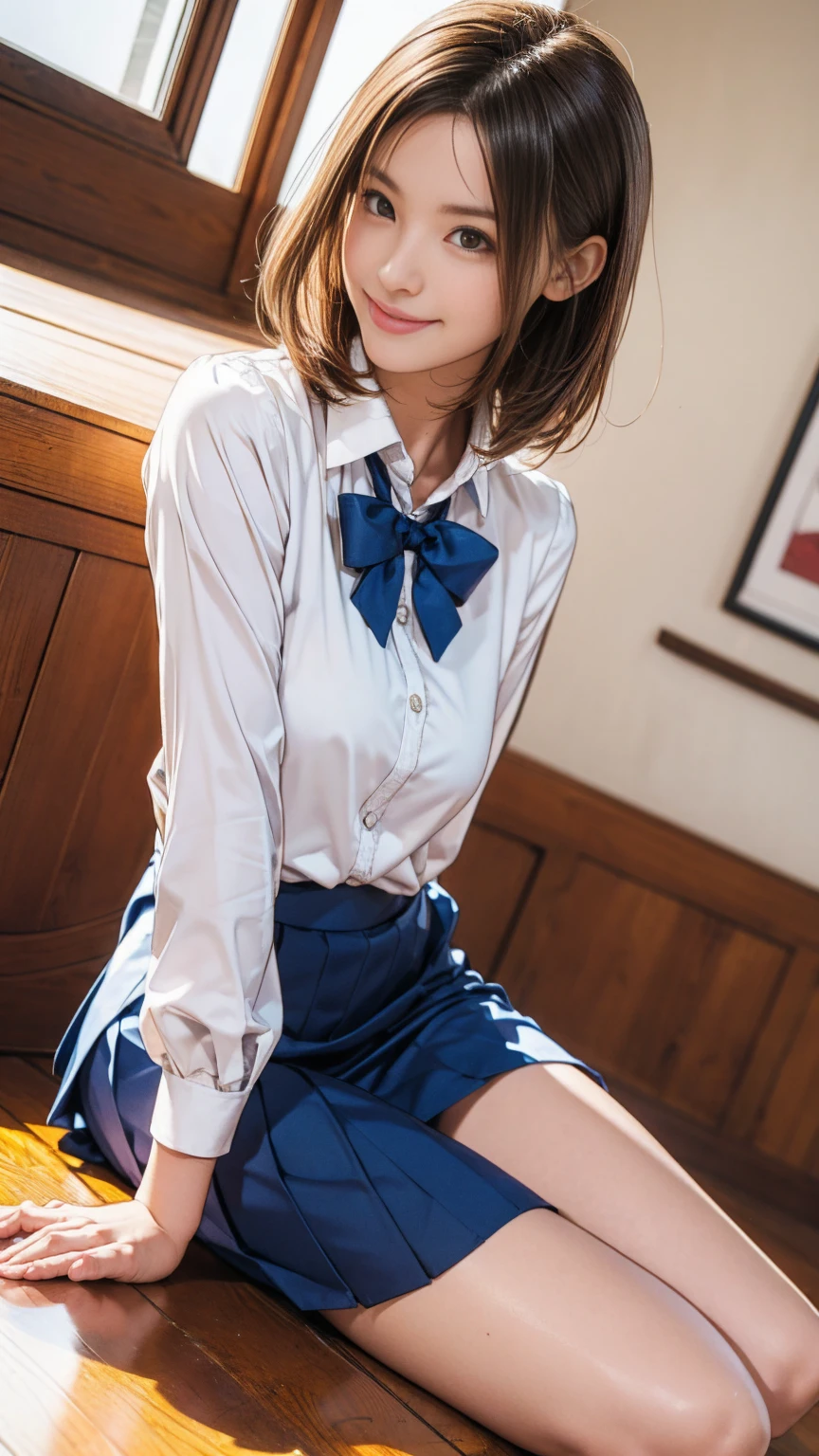 (Viewer discretion advised、Japanese、High Cut 、Impossibly short skirt、Very very cute face、(LewdＹShirt with dark blue micro mini pleated skirt、White underwear、White panties temptation pose、Lie、Legs wide open、((My skirt is flipped up and I can see my pants:1.2,)),Mecozi, ((Highest quality,8K,masterpiece:1.3,)),Sharp focus:1.2,Cute woman with perfect body shape:1.4,The best smile,Young Face、You can see the double teeth、Light brown medium bob hair、Slender,Abdominal muscles:1.2,Camel Toe,Open both legs to show panties