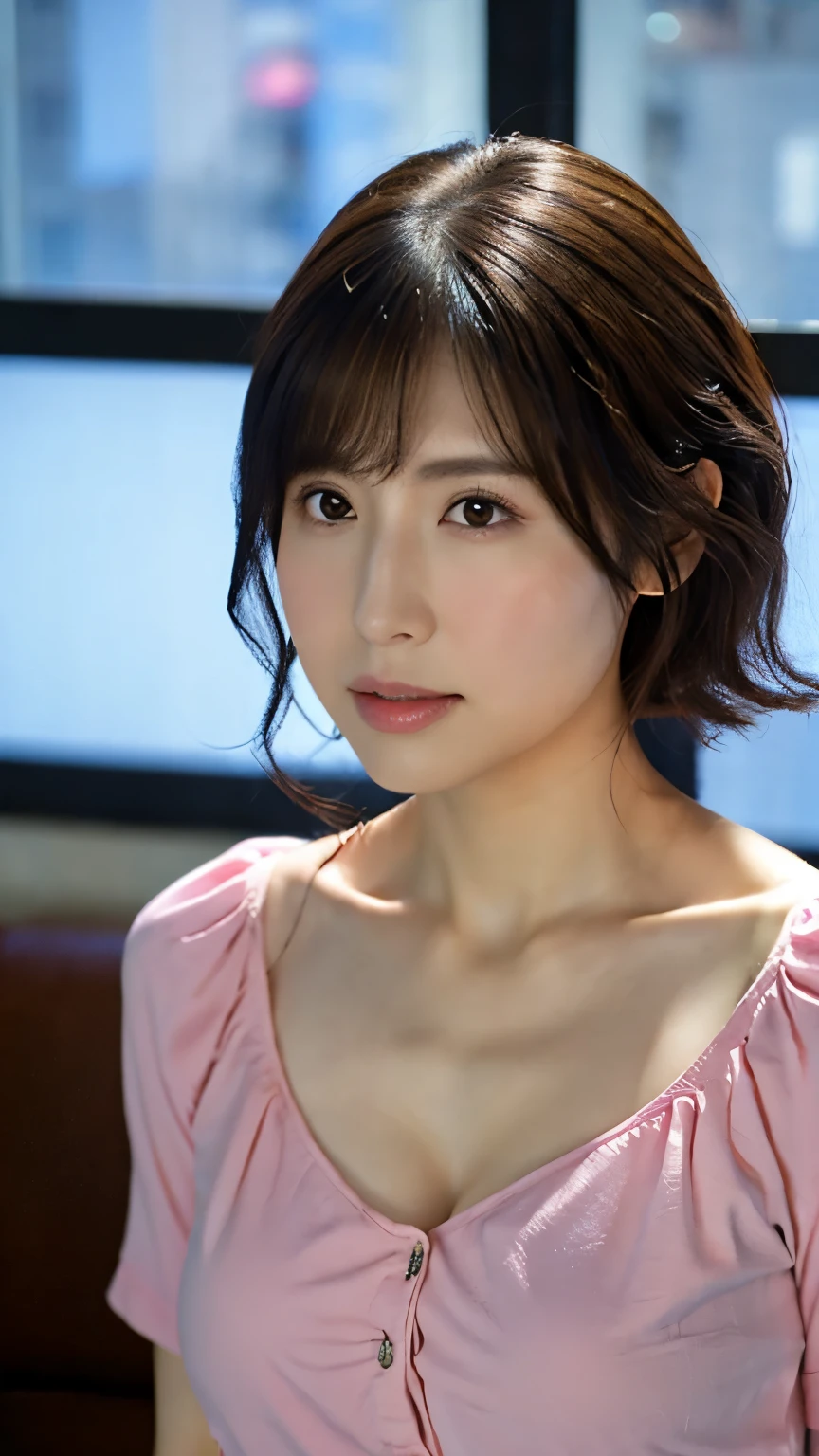 (In 8K, Highest quality, masterpiece:1.2), (Realistic, Photorealistic:1.37), Very detailed, Natural light, Mid-chest, I can see her cleavage, 1 person, 3 Women, Black Hair, short hair, (Look up at the viewer from below), meanwhile, Light pink light knit V-neck shirt, At the time of the performance, Very detailed顔と肌, Detailed eyes, Very detailed顔と肌