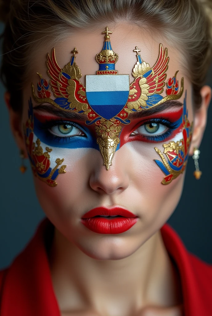 makeup, showing all the power and might of Russia, her traditions. Mandatory colors:red, WHITE, BLUE. The rest is optional. pretty haircut, image, and most importantly makeup. No decorations. And more interesting makeup. VERY INTERESTING MAKEUP. With domes or icons. MORE TRADITIONS