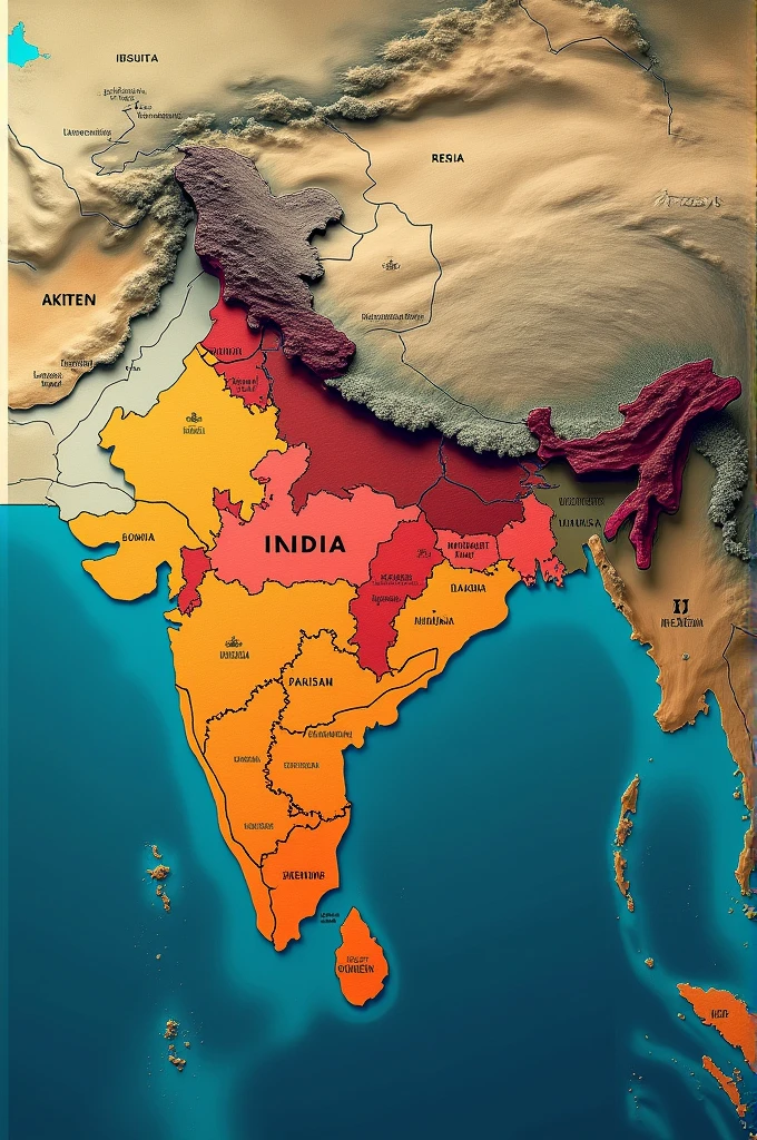 **भू-राजनीतिक तनाव**: भारत, पाकिस्तान, और बांग्लादेश के झंझावातों को दिखाते हुए एक मानचित्र, जिसमें तनाव और संघर्ष के क्षेत्र चिह्नित हैं।