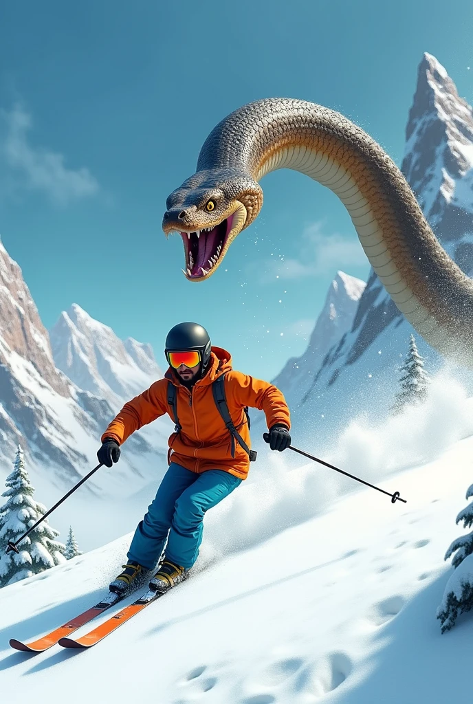A snake is in the air, is ready to jump on a man and a 30 years Indian young man is ski down with poles on the snow hills of mountain, he wears helmet, glasses. he wears orange jacket, blue pant, shoes.