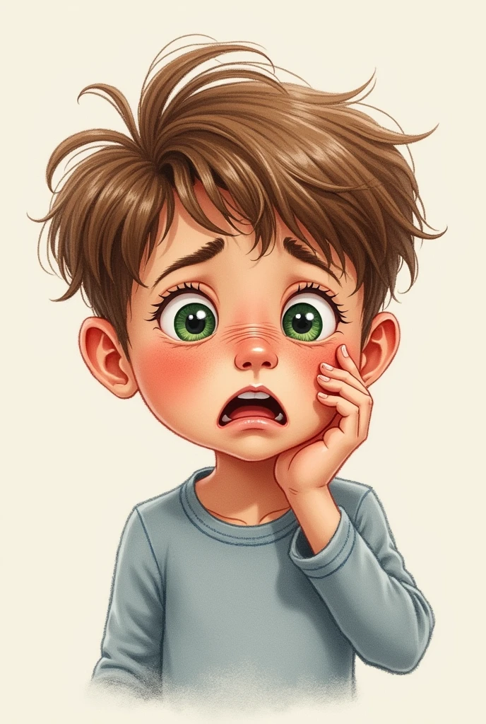 A drawing of a boy with green eyes, brown hair and nice round cheeks, with toothache pain, touching the cheek.