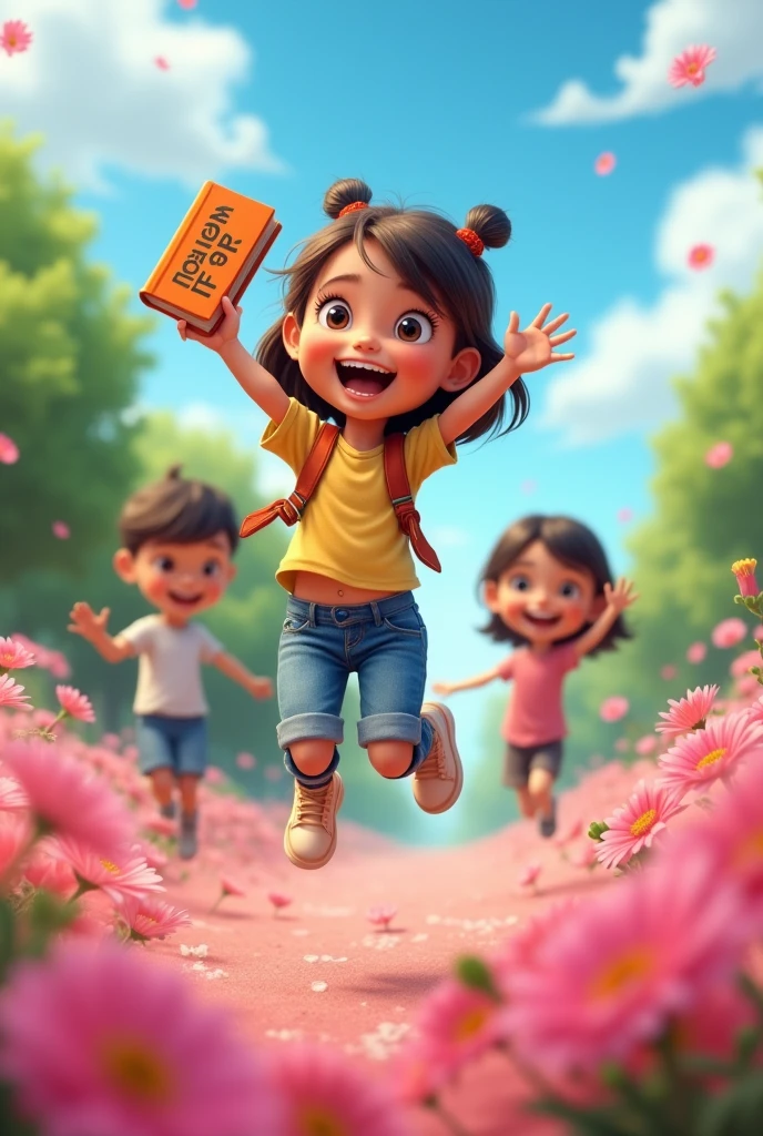 A happy is jumping and she has a book that it's english on it, there is pink flowers on the floor, the sky is blue and her friends are looking at her