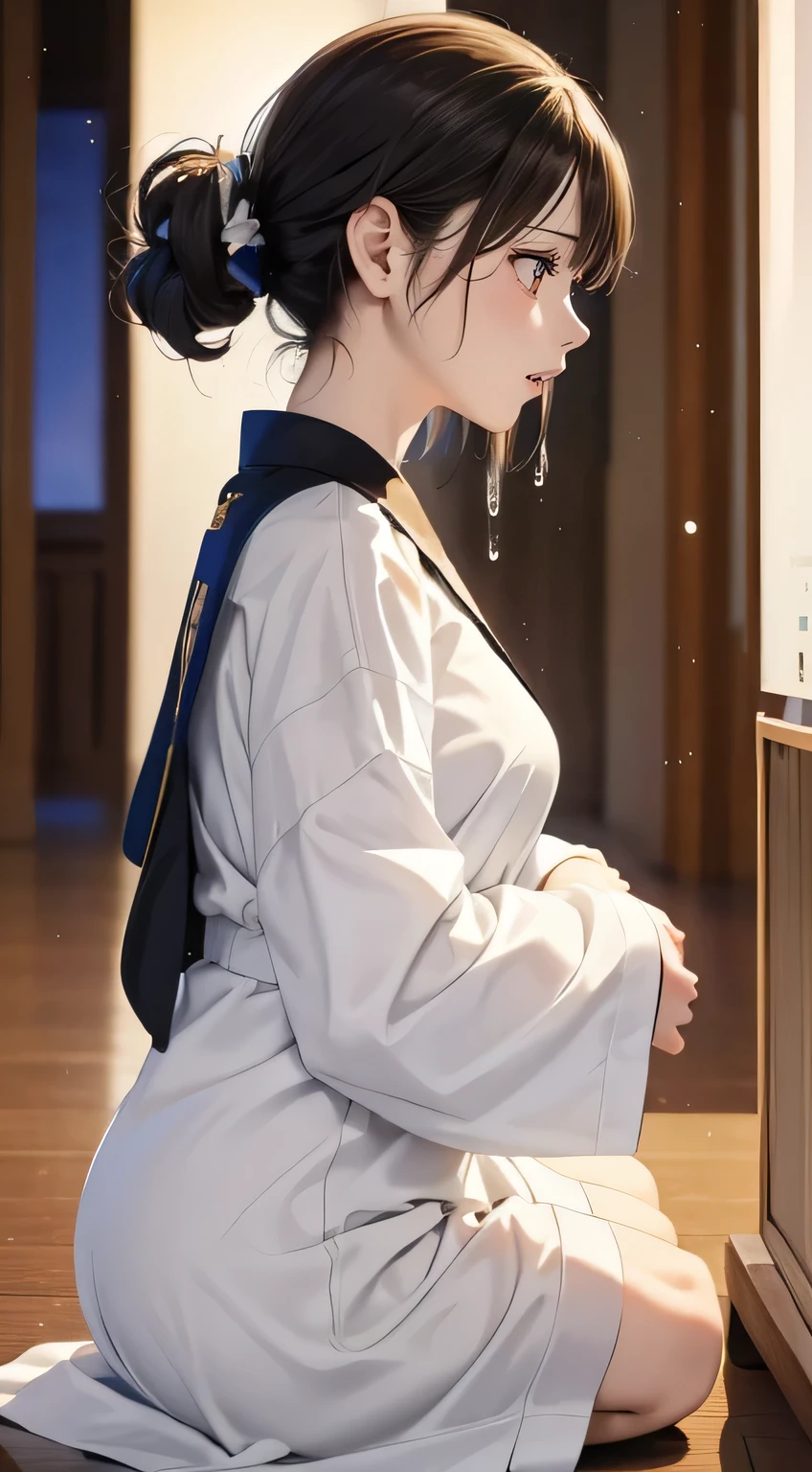 ((Cry violently))、(Large tears)、(Beautiful tears), (Long black hair)、clear、intellectual、((Looking down and crying)), young woman, (Ample breasts)、(Slender) 、(Short-sleeved T-shirt)、profile、((cry))、((Cover your mouth with both hands))、((tears))、((sad)) 、compassion、???,Watching a TV screen